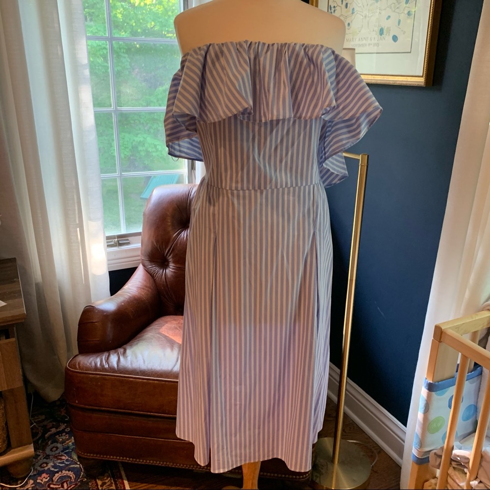 H&M Off Shoulder Shirt Dress Blue White 14